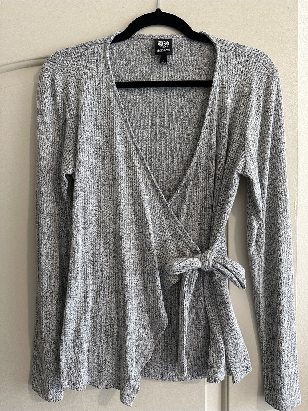 bobeau Light Gray Ribbed Wrap Knit Top with Side Tie